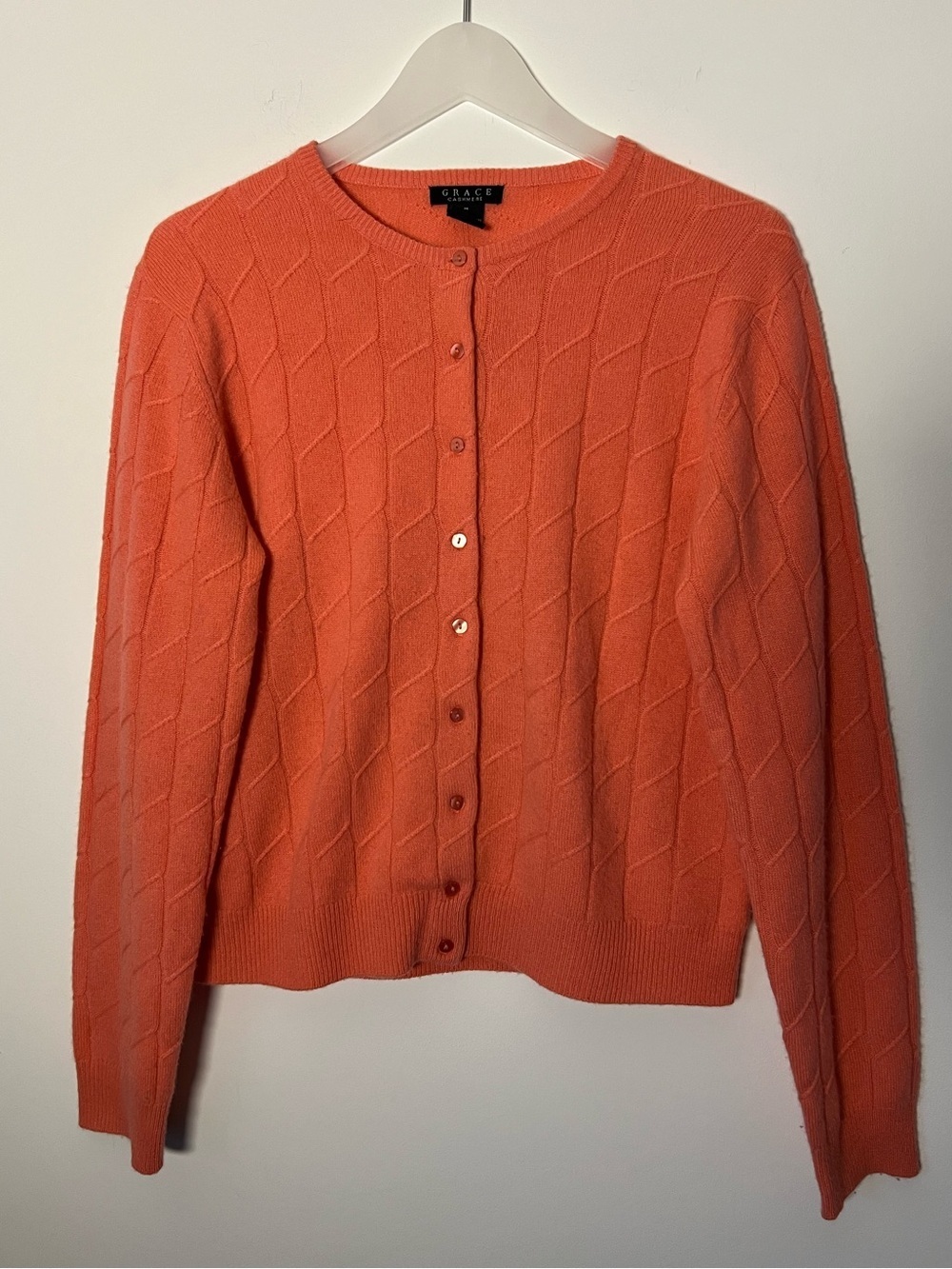 Grace Vintage Coral Cashmere Cable-Knit Button Cardigan Textured Spring